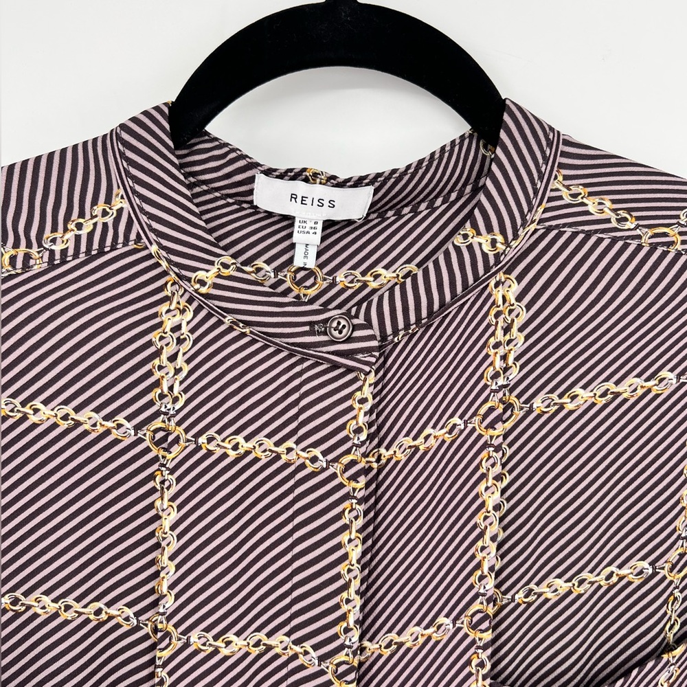 REISS Nyla Chain Link Print Button Down Top Blouse Striped Long Sleeve Size 4 - Picture 11 of 16
